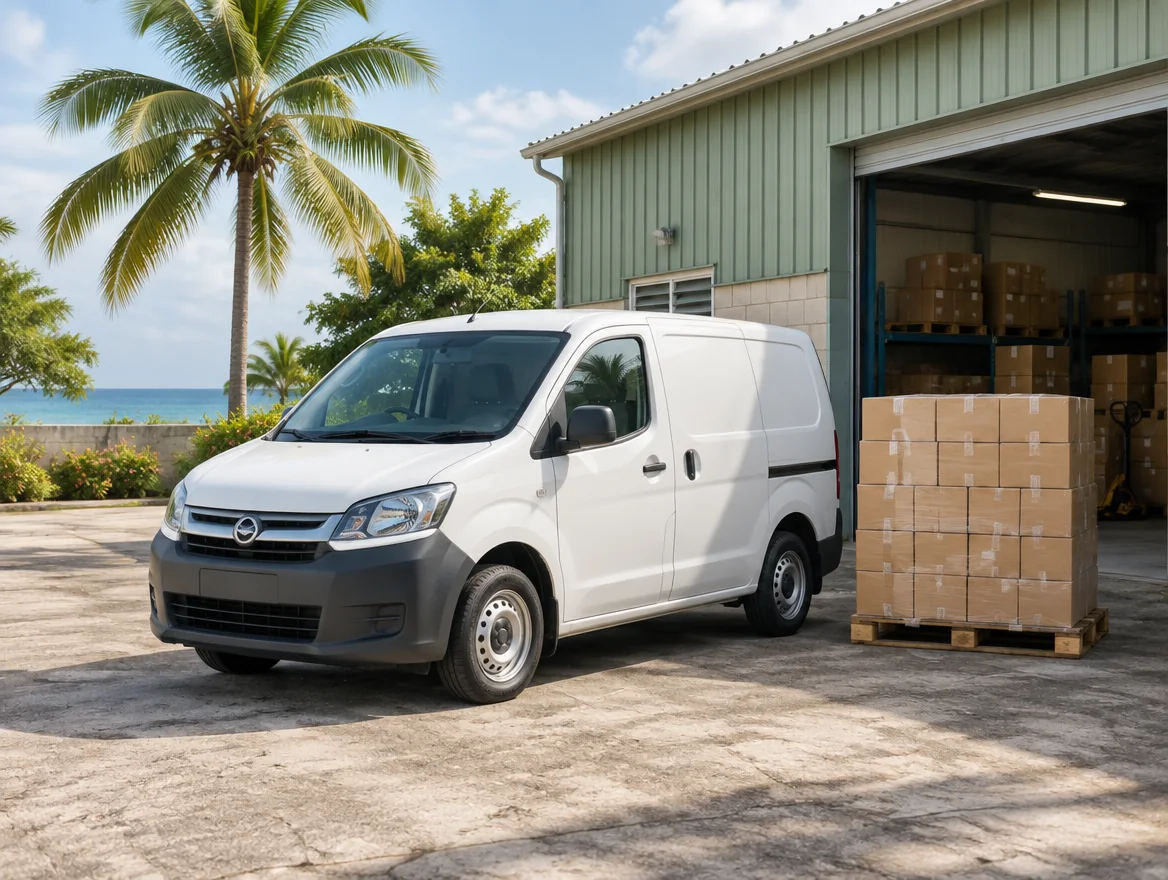 Illustrative delivery van and boxed goods outside a Caribbean warehouse