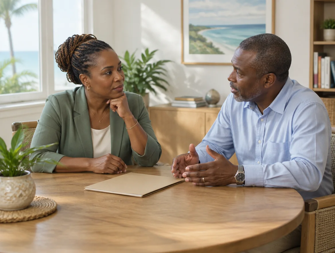 Illustrative Caribbean business partners discussing their plans