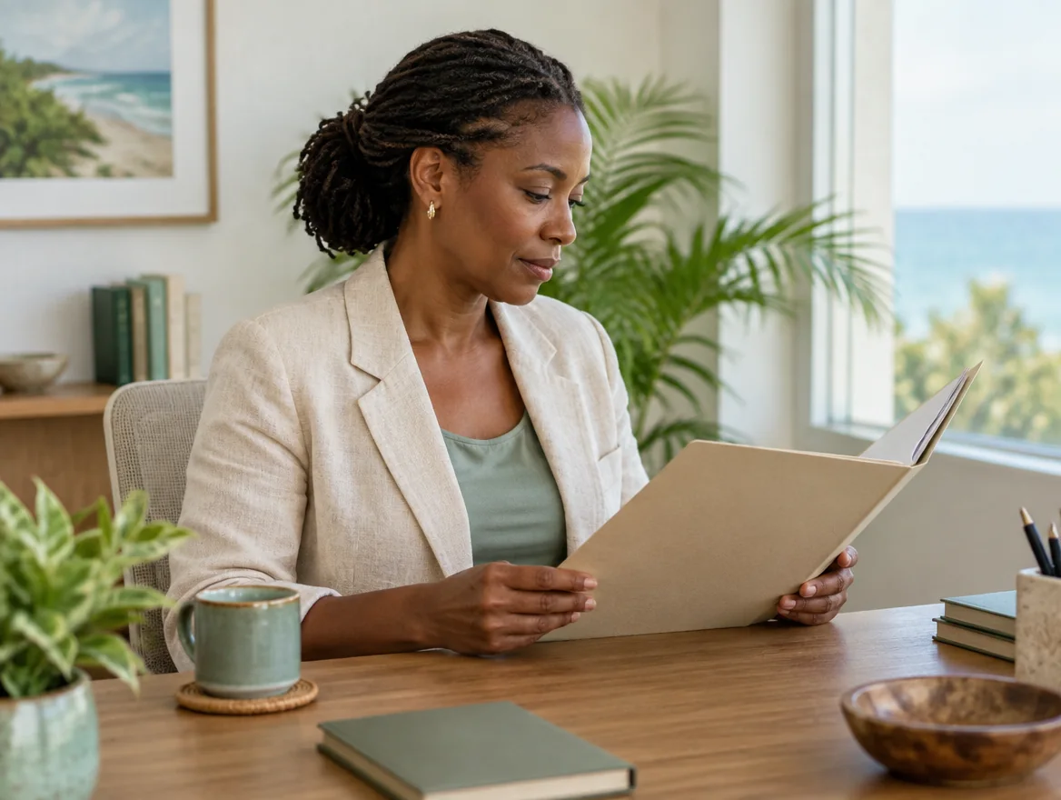 Illustrative Caribbean professional reviewing a folder at her desk