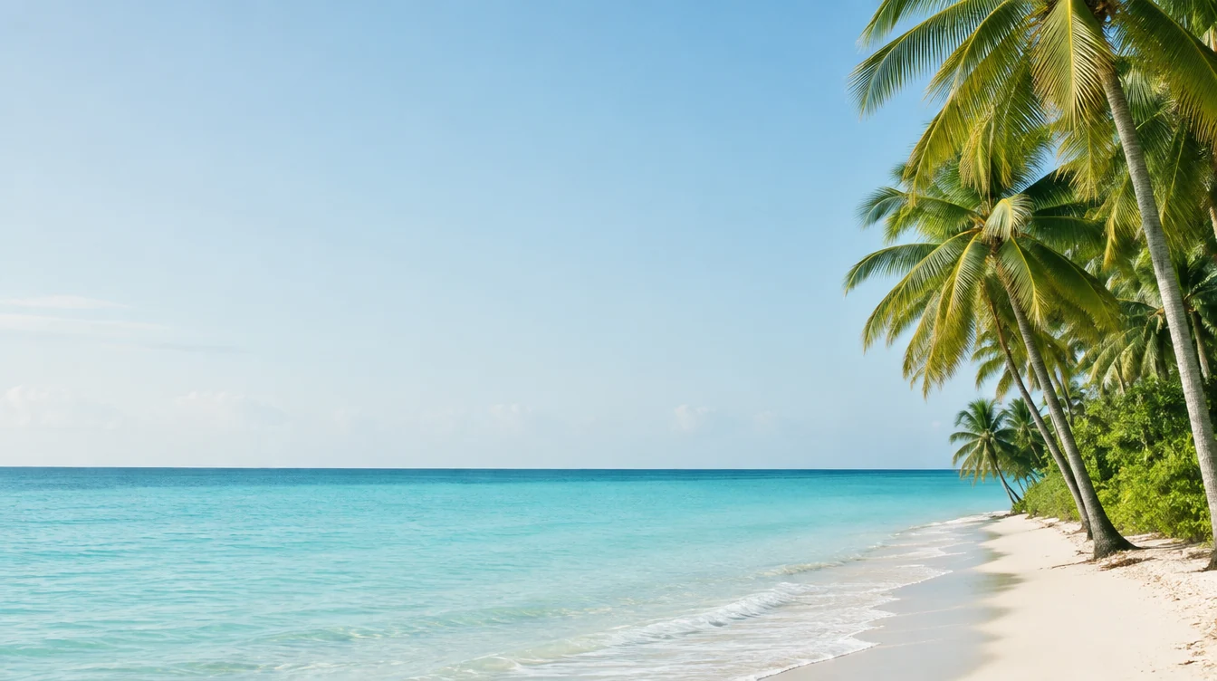 Barbados-inspired illustration of clear turquoise water, white sand and coconut palms
