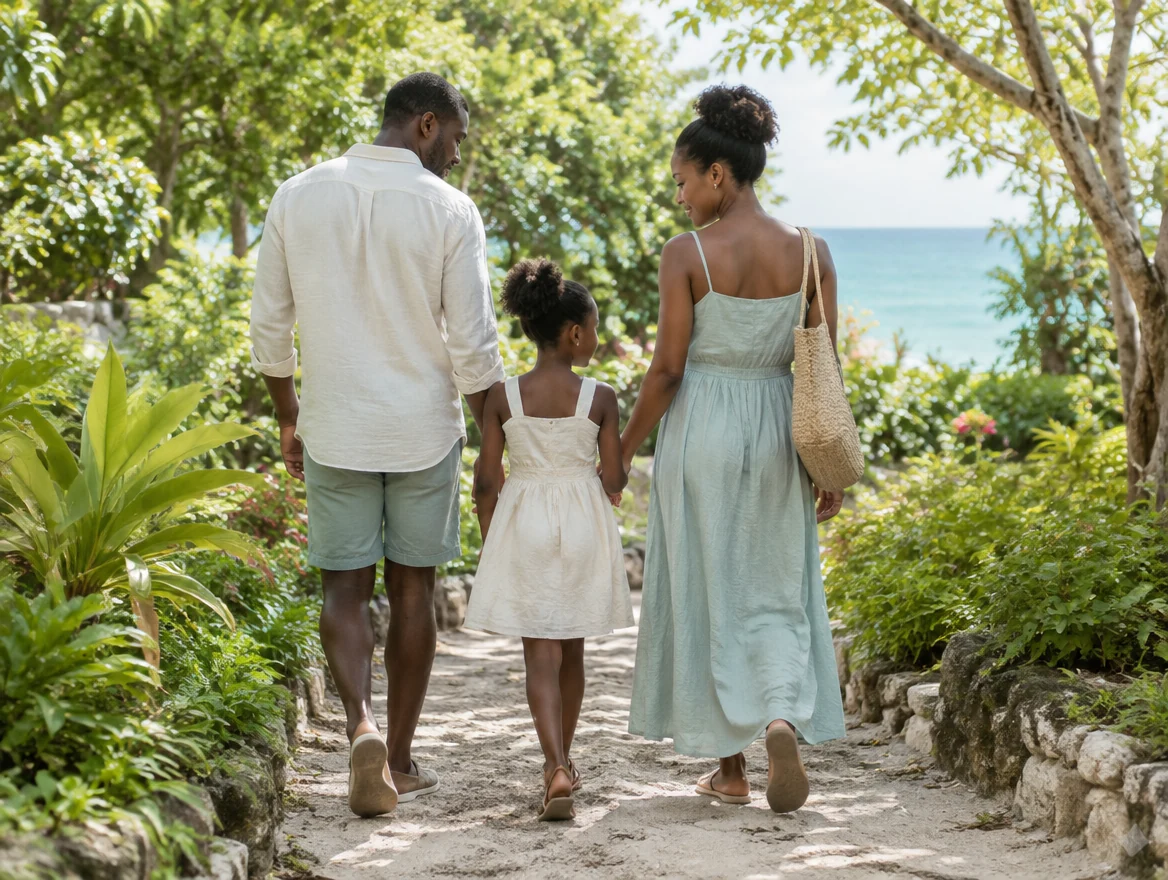 Illustrative Caribbean family walking together in a sunlit garden