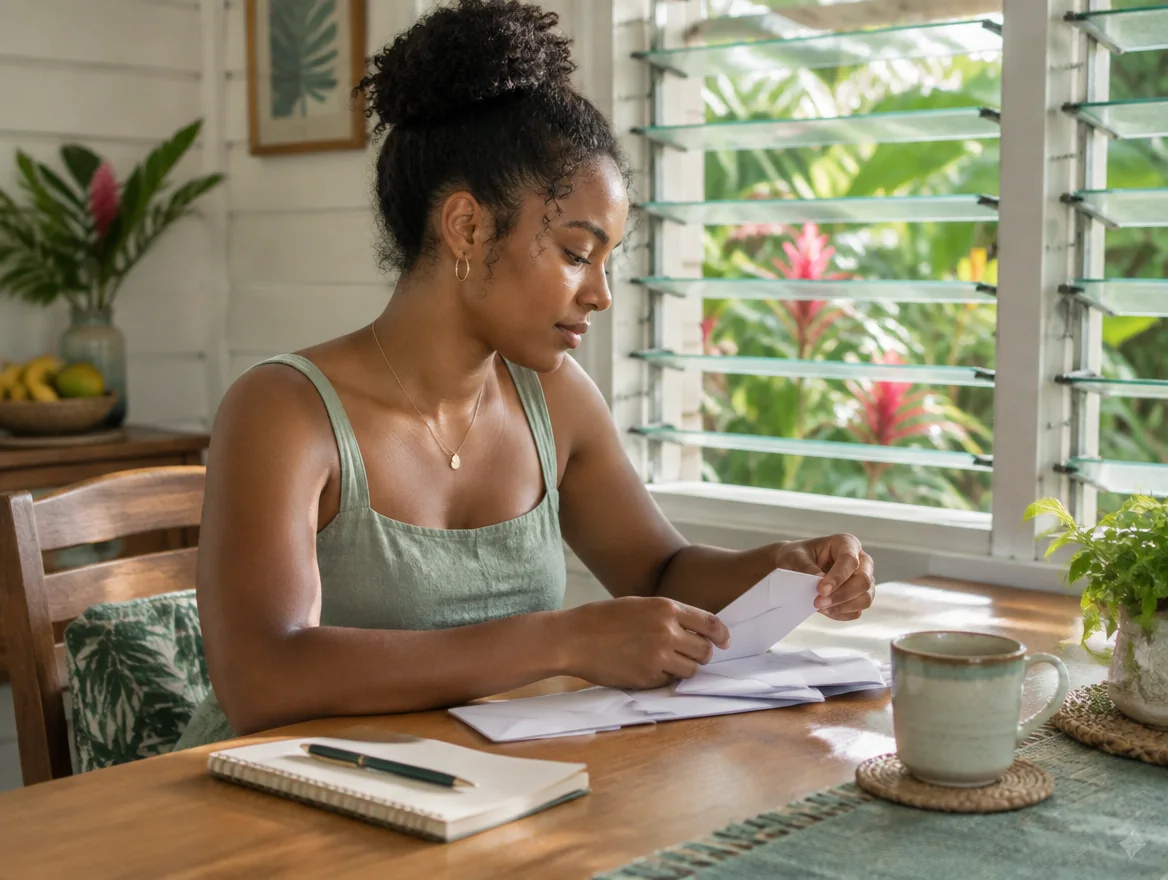 Illustrative Caribbean woman planning at her breakfast table