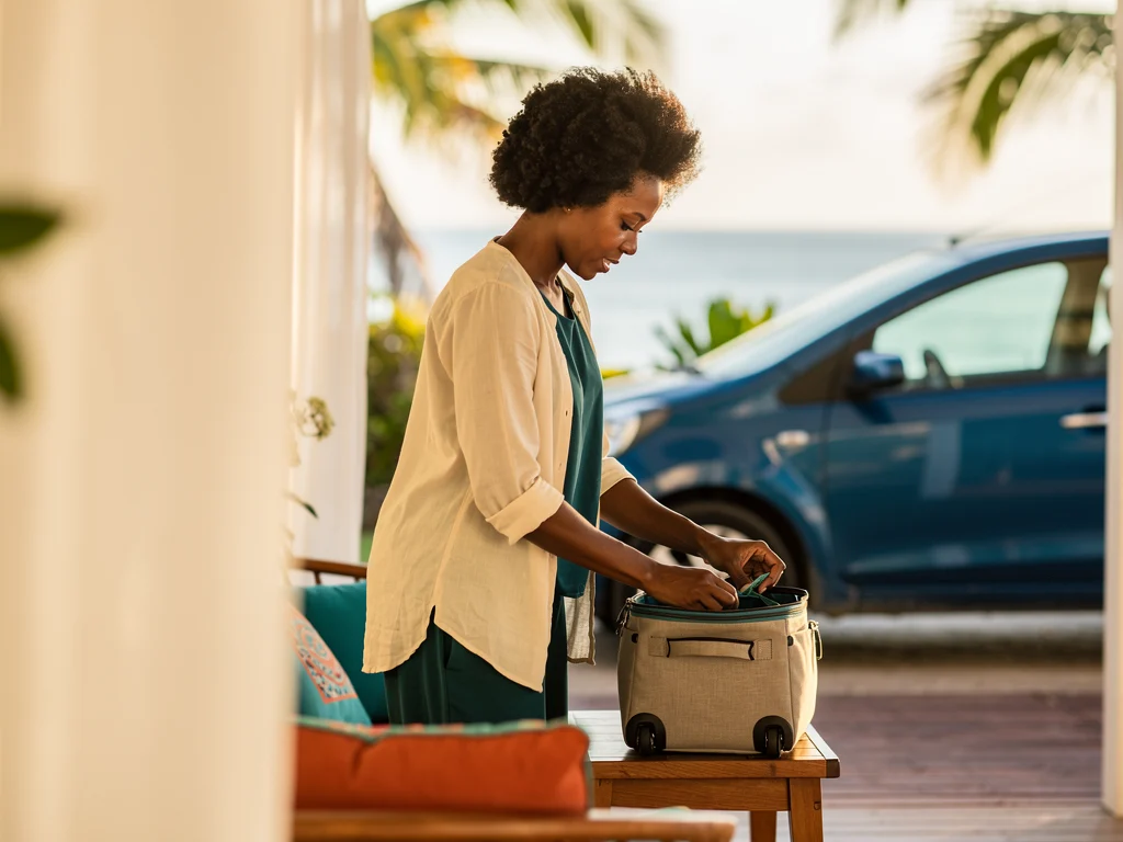 Illustrative Caribbean woman preparing a travel bag with her car outside