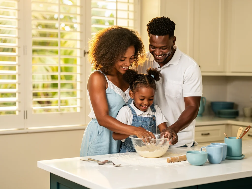 Illustrative Caribbean family baking together in a bright kitchen