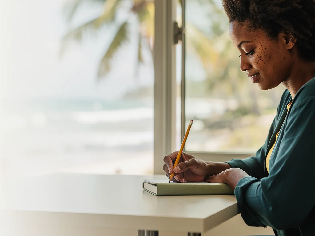 Illustrative Caribbean professional planning a household budget beside a sunlit window