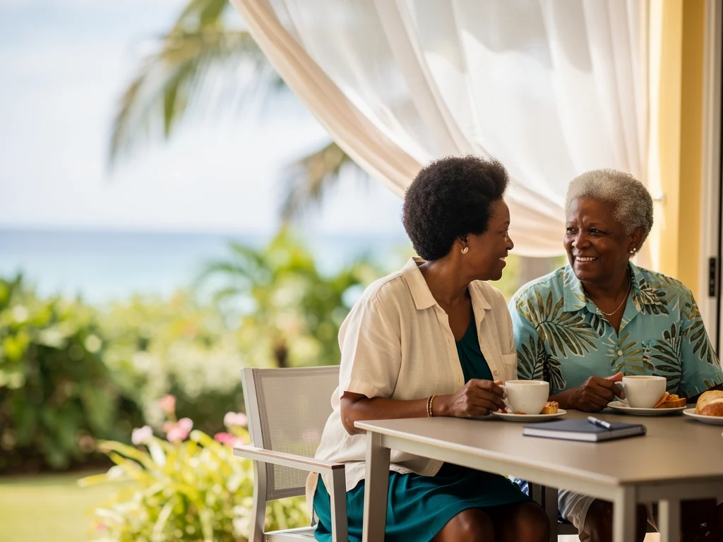 Illustrative Caribbean couple enjoying an unhurried breakfast on a coastal veranda