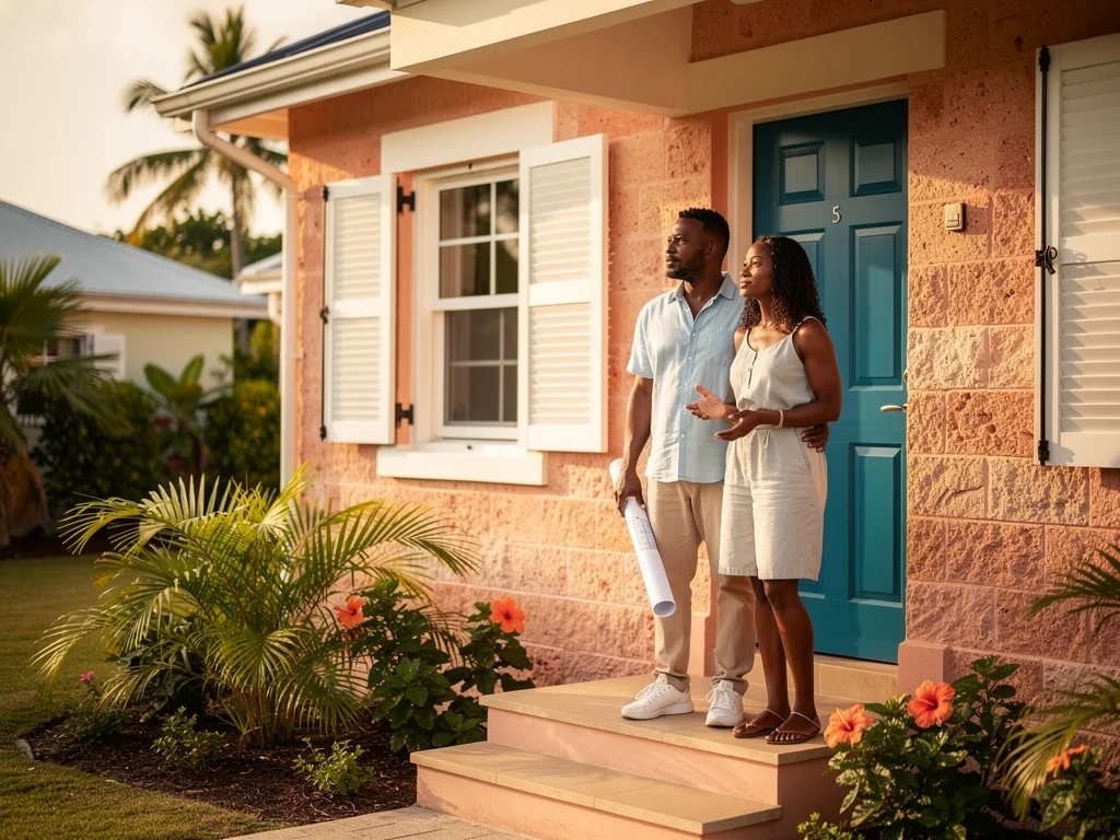 Illustrative Caribbean couple exploring the veranda of a coral-stone home