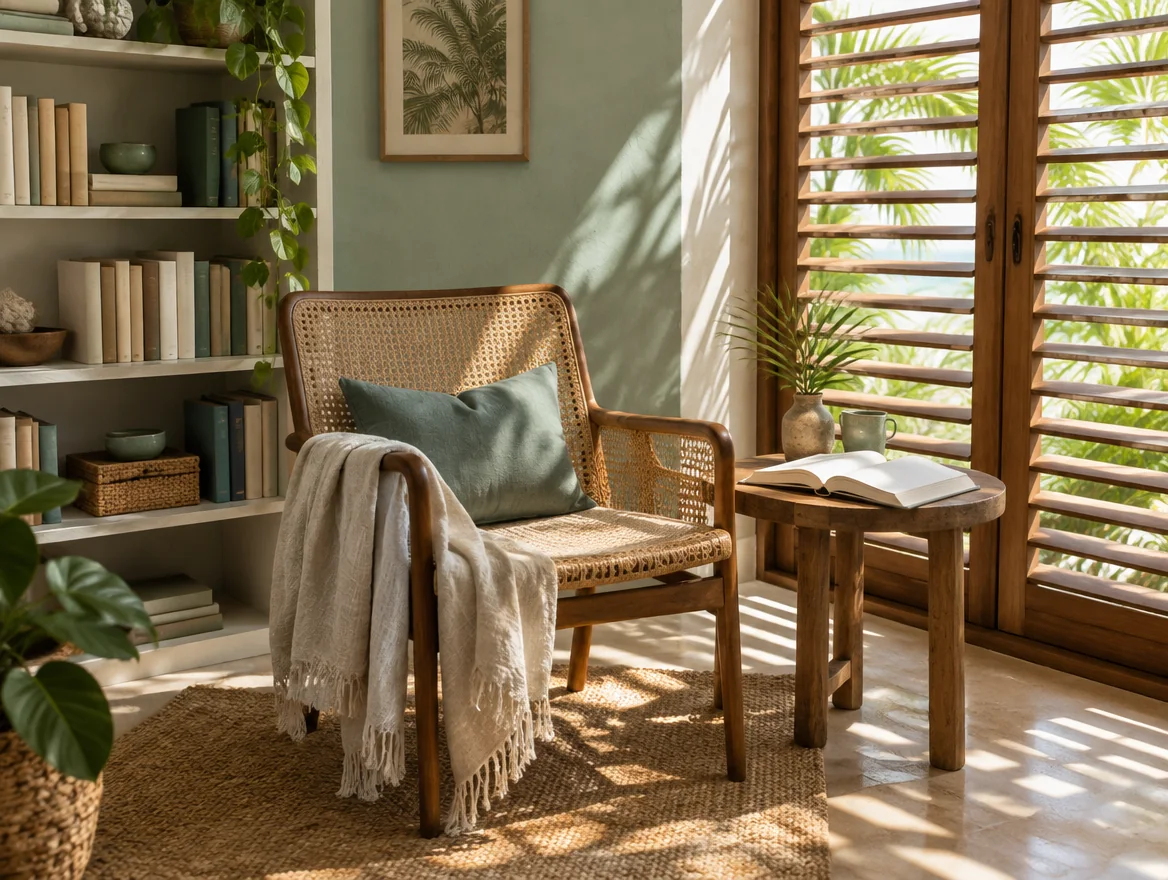 Illustrative Caribbean reading nook with a cane chair and sunlit books