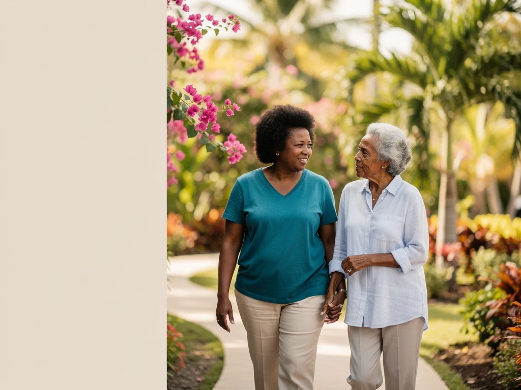 Illustrative Caribbean woman and older relative walking in a colourful garden