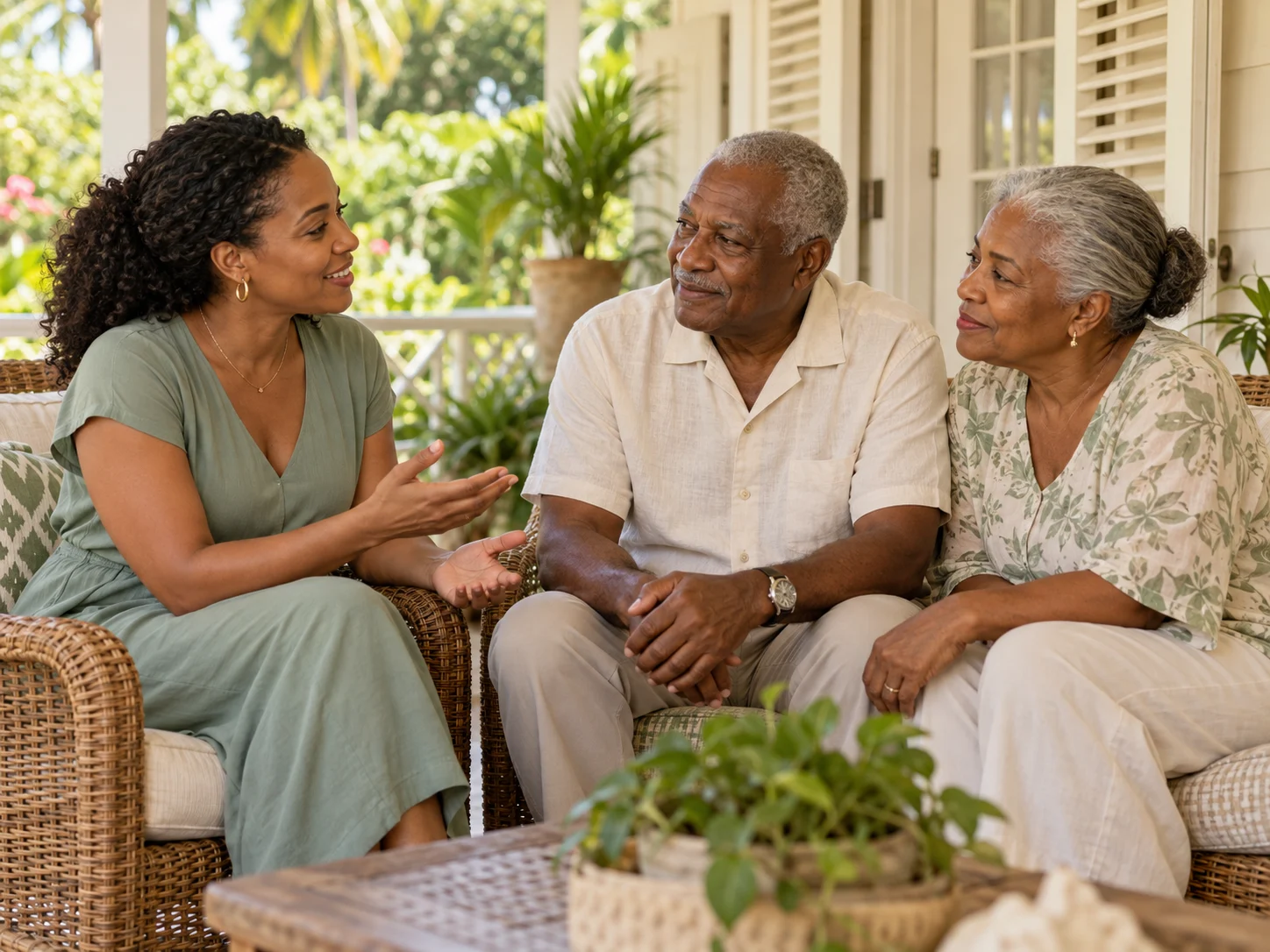 Illustrative photograph of an adult daughter talking warmly with her ageing parents on a Caribbean veranda