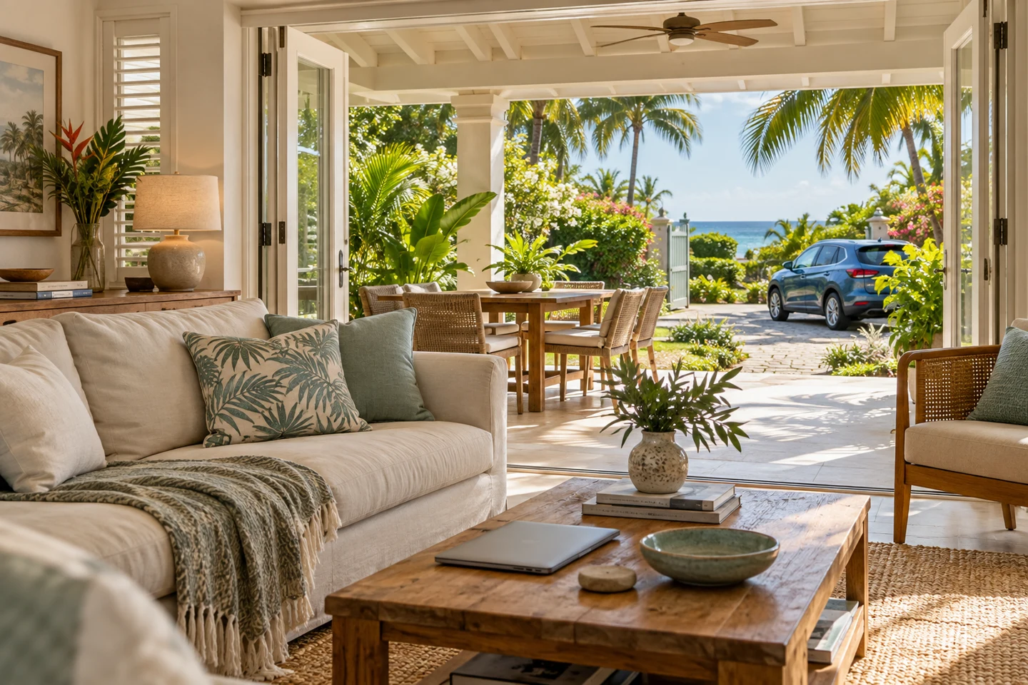 Illustrative Caribbean home with personal belongings and a car visible beyond the veranda