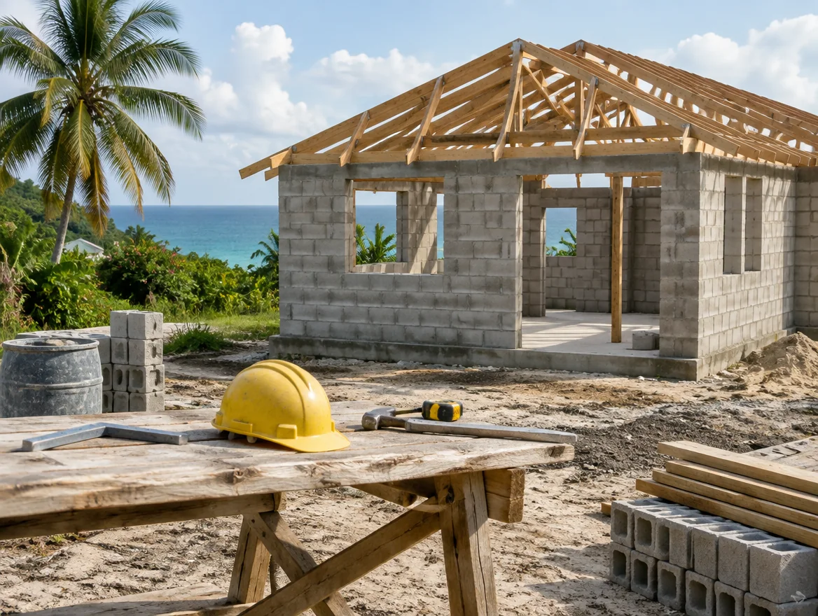 Illustrative Caribbean home under construction