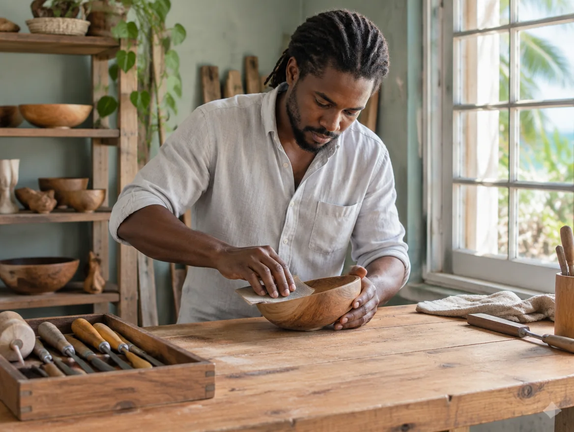 Illustrative Caribbean craft business owner at a workbench