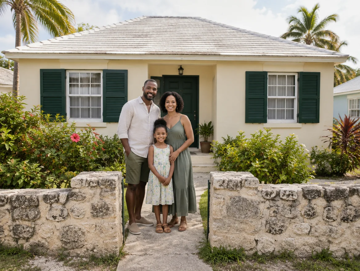 Illustrative family outside a modest Caribbean home