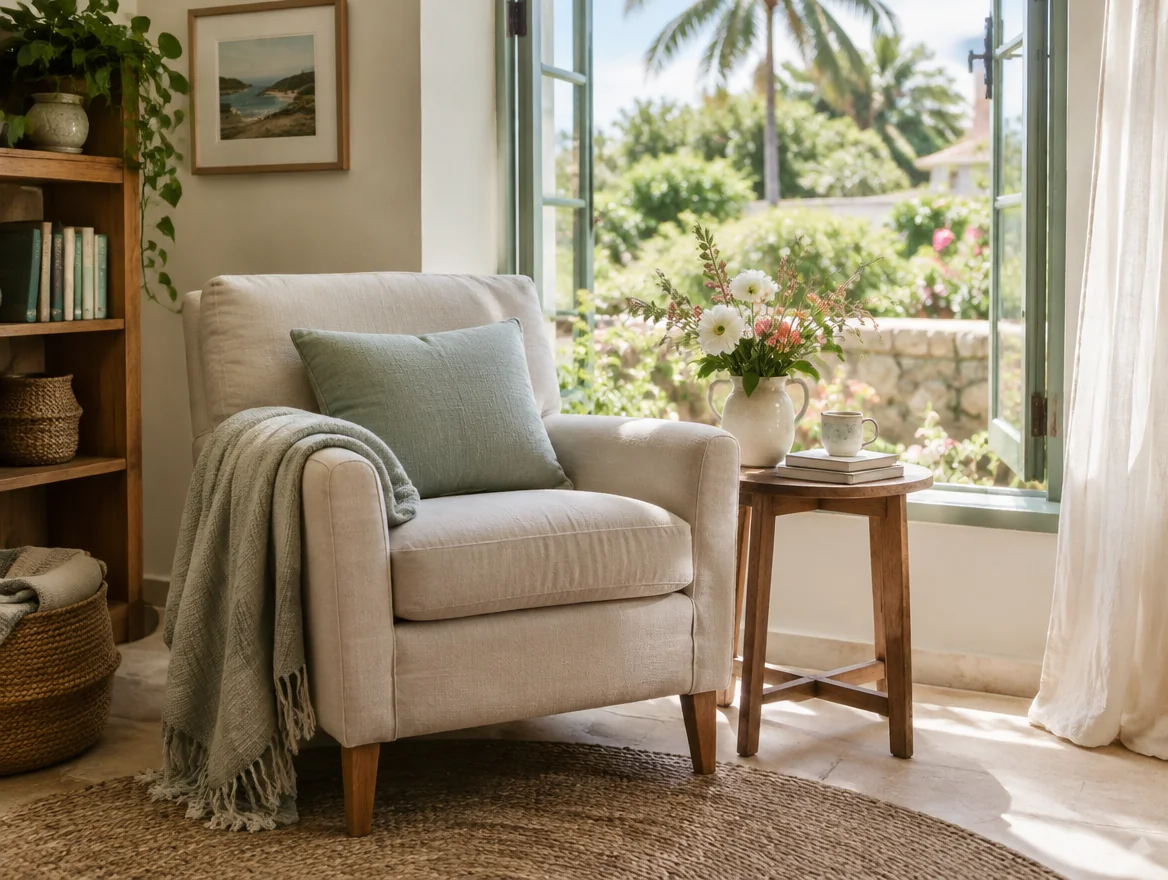 Illustrative peaceful room with a reading chair and garden light