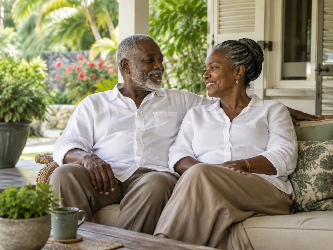 Illustrative older Caribbean couple talking on a shaded veranda