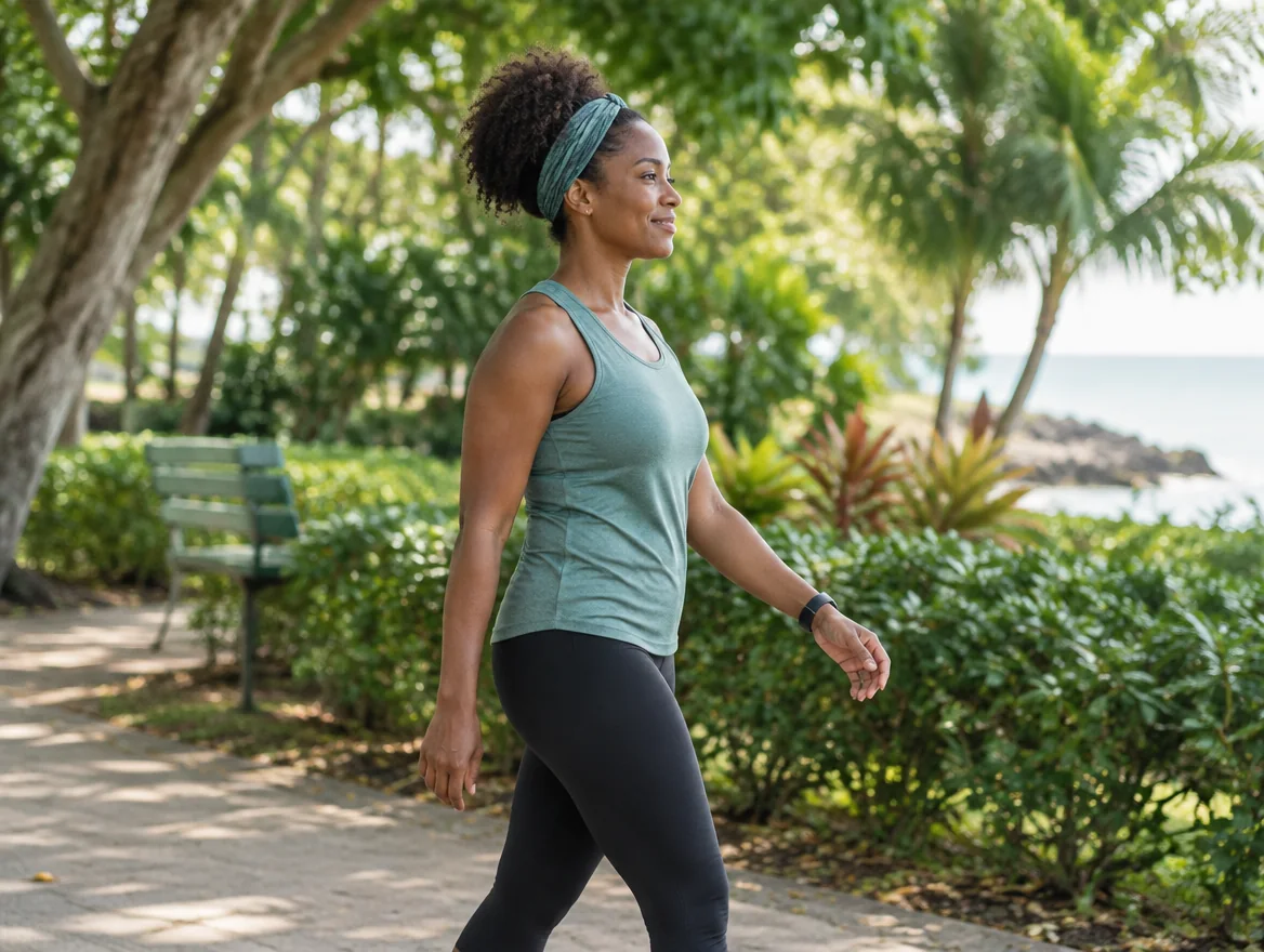 Illustrative Caribbean woman enjoying a morning walk