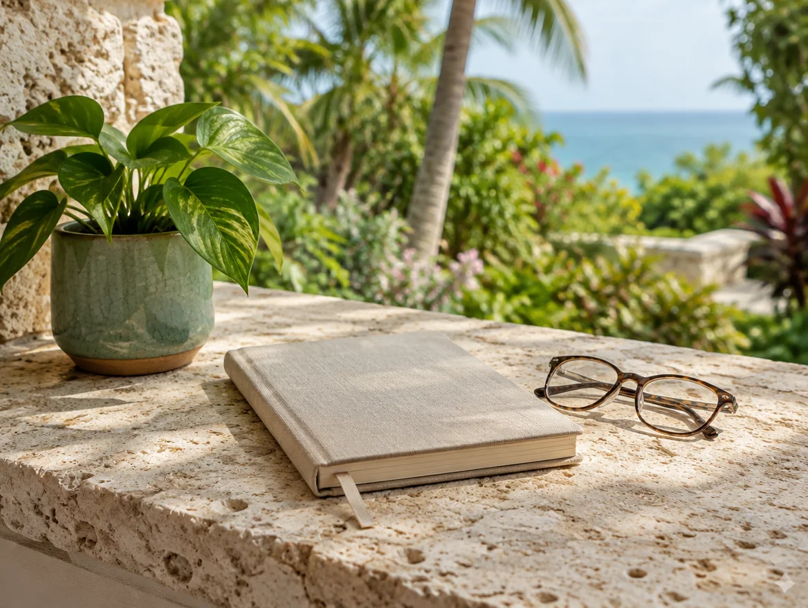 Illustrative planning notebook and glasses beside a tropical garden