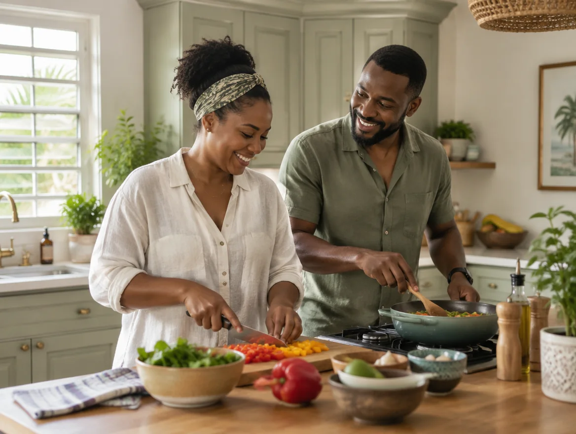 Illustrative Caribbean couple preparing a meal in their home
