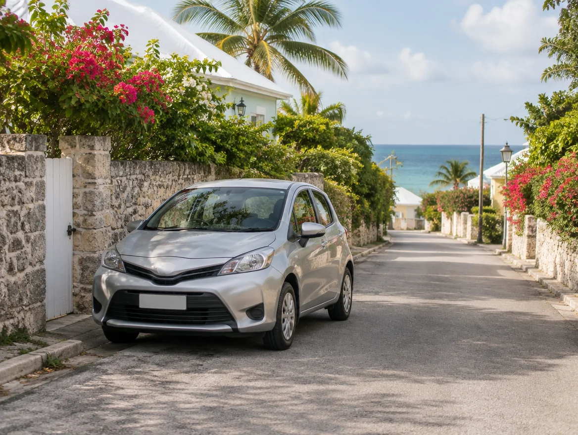 Illustrative compact car on a quiet Caribbean residential lane