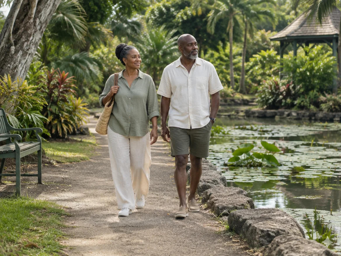 Illustrative mature Caribbean couple walking beside a garden pond