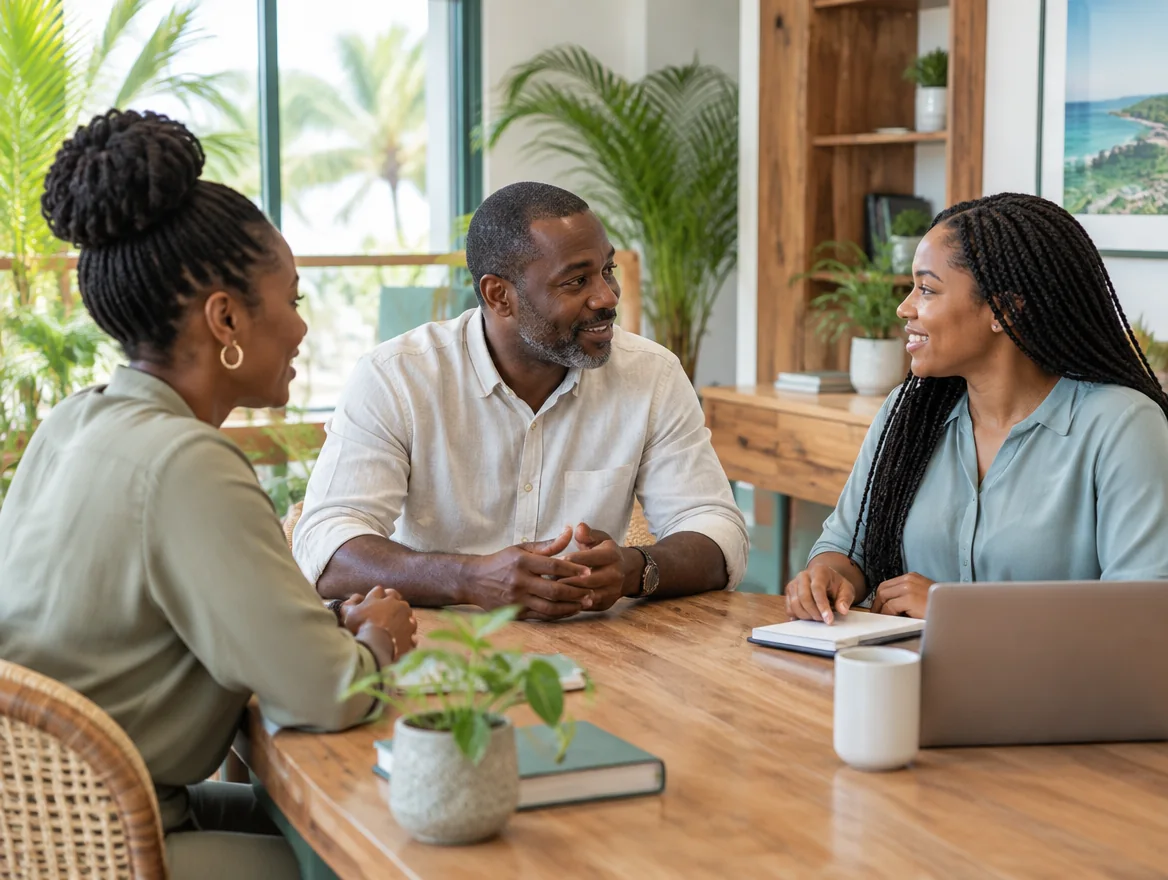 Illustrative Caribbean colleagues talking in an airy office