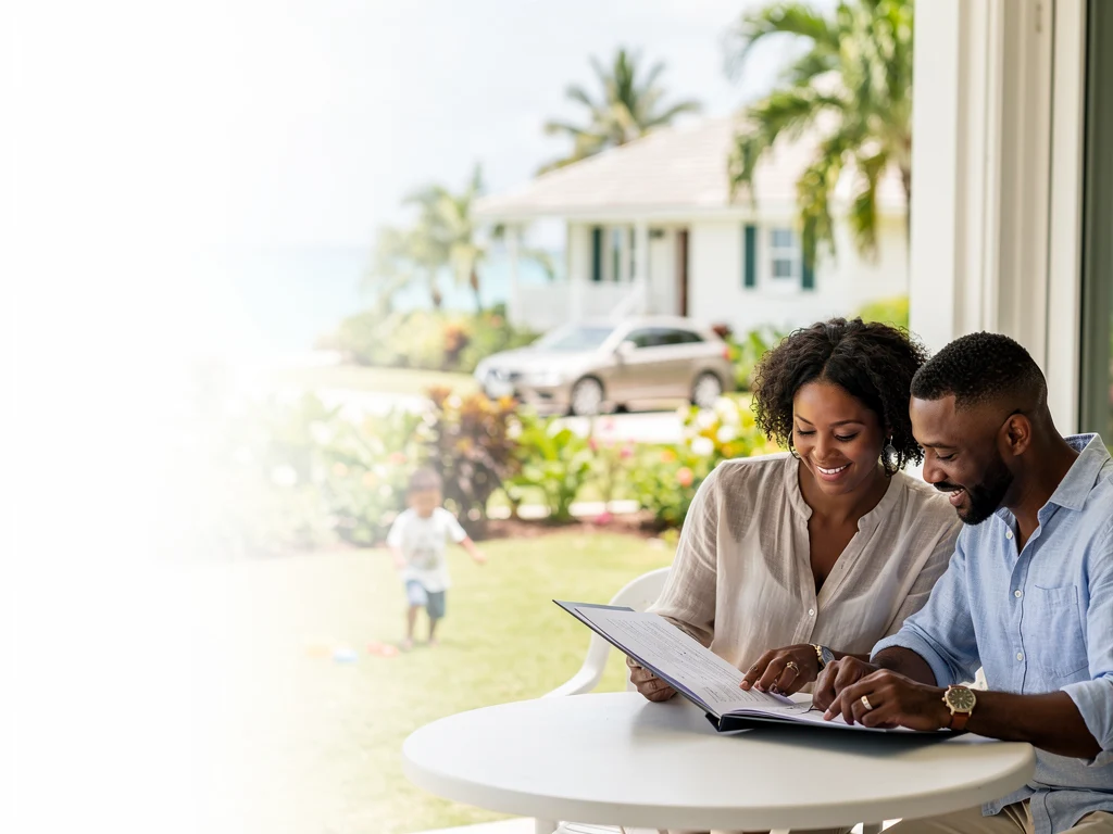 Illustrative Caribbean couple reviewing their plans on a veranda, with their home, family and car nearby