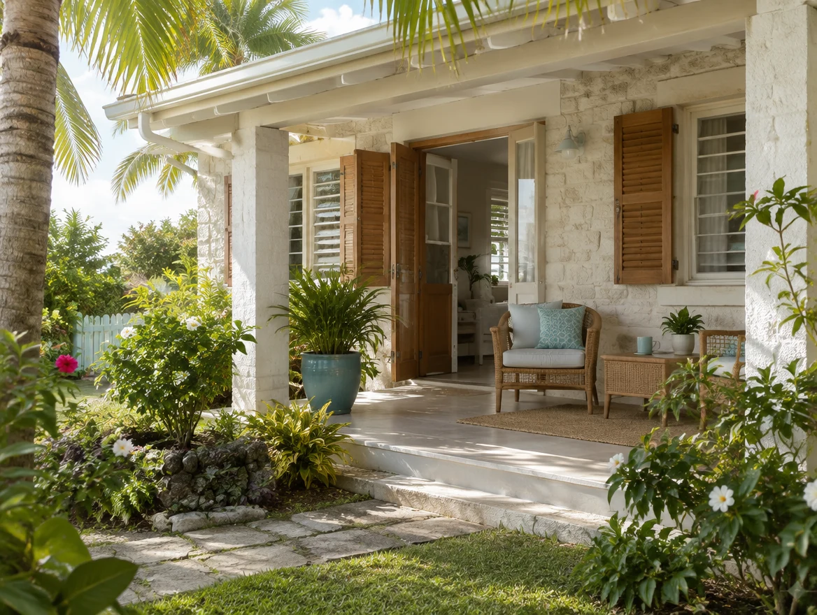 Illustrative Barbadian-style home with an open veranda and palm-shaded garden