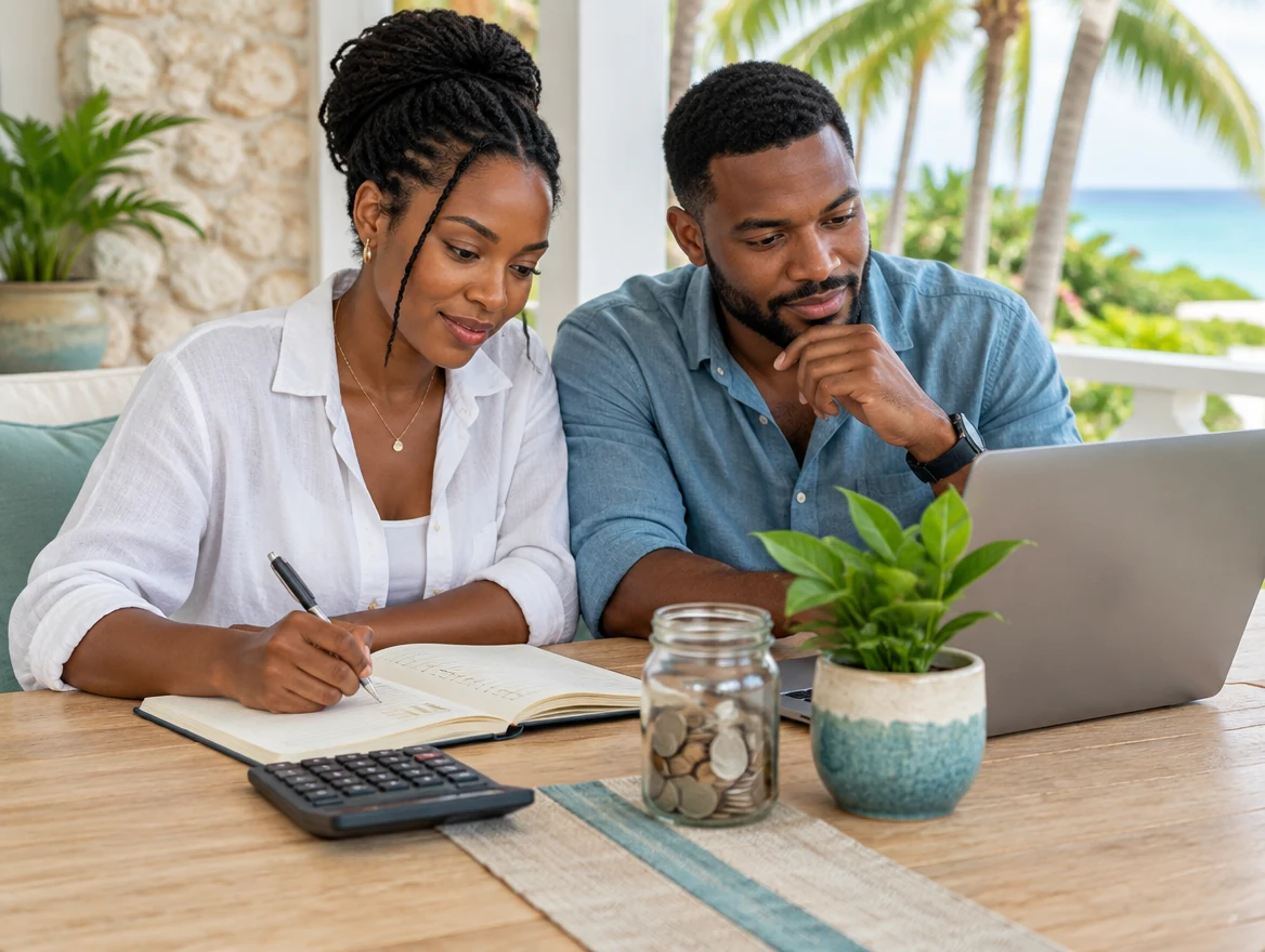 Illustrative Caribbean couple planning their savings and investments with a notebook, calculator and laptop