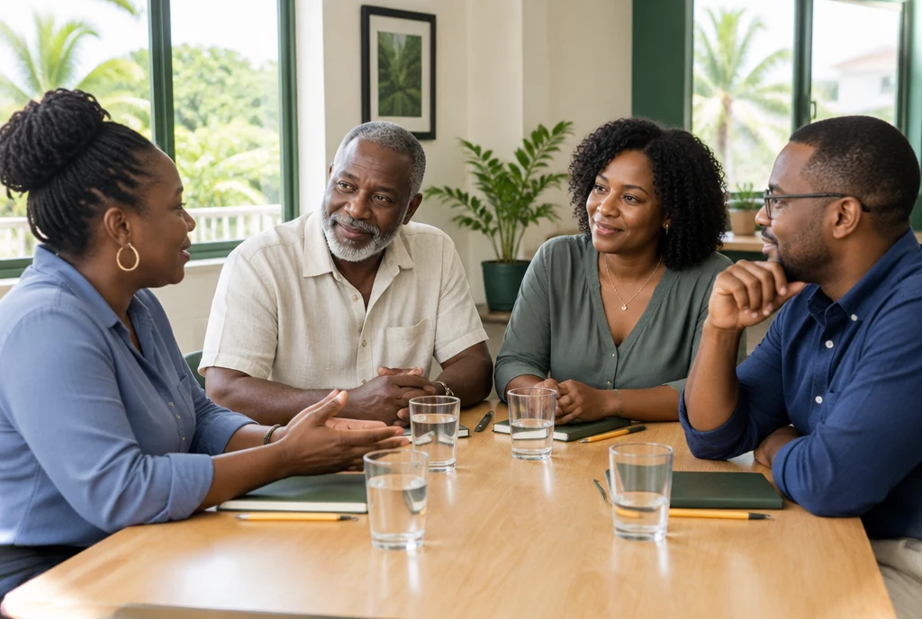 Illustrative colleagues sharing questions during a relaxed financial education discussion