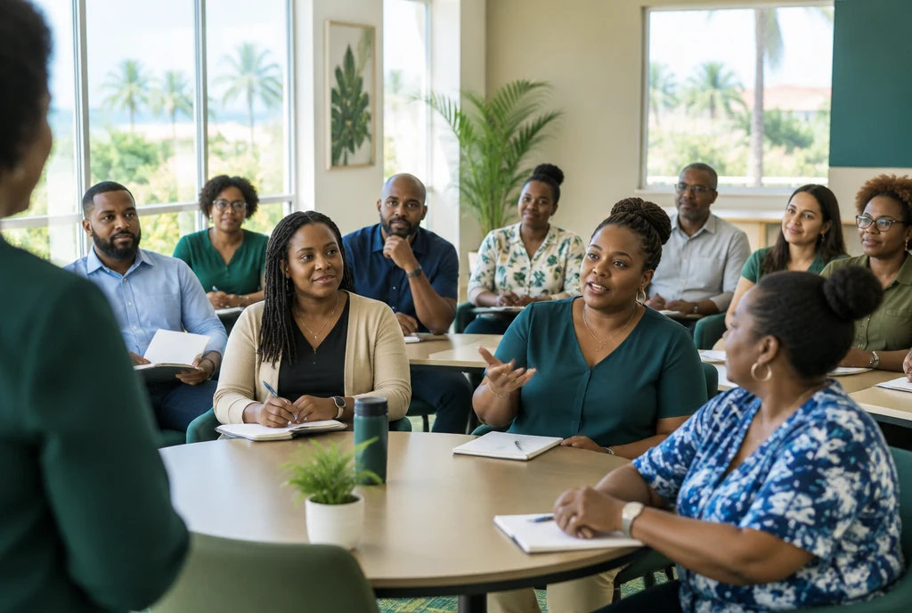 Illustrative workplace audience sharing questions during a financial education session
